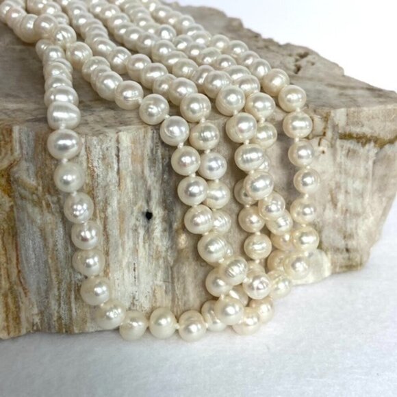 Sterling Silver 925 Layered Beige Baroque Triple Strand Pearl Necklace 18" - 19" - Picture 4 of 16